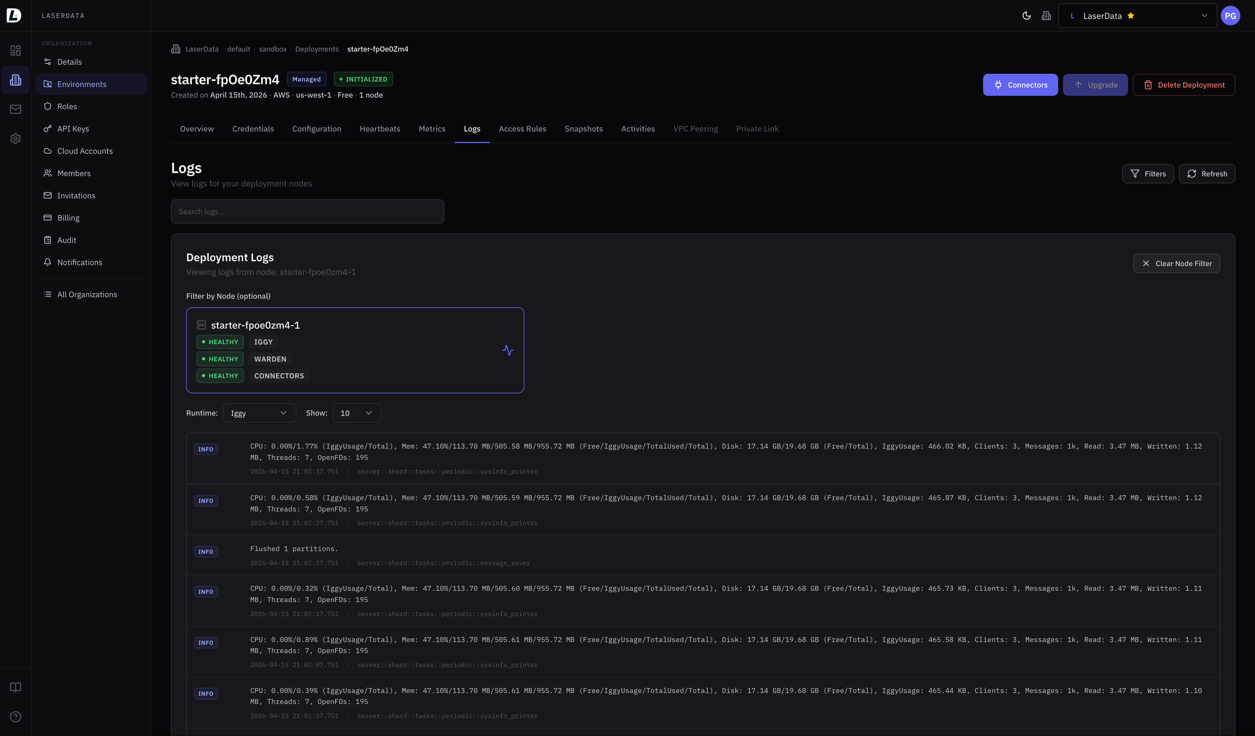 Console: Logs Viewer — node + runtime filter, deployment log lines streamed from Iggy / Warden / Connectors