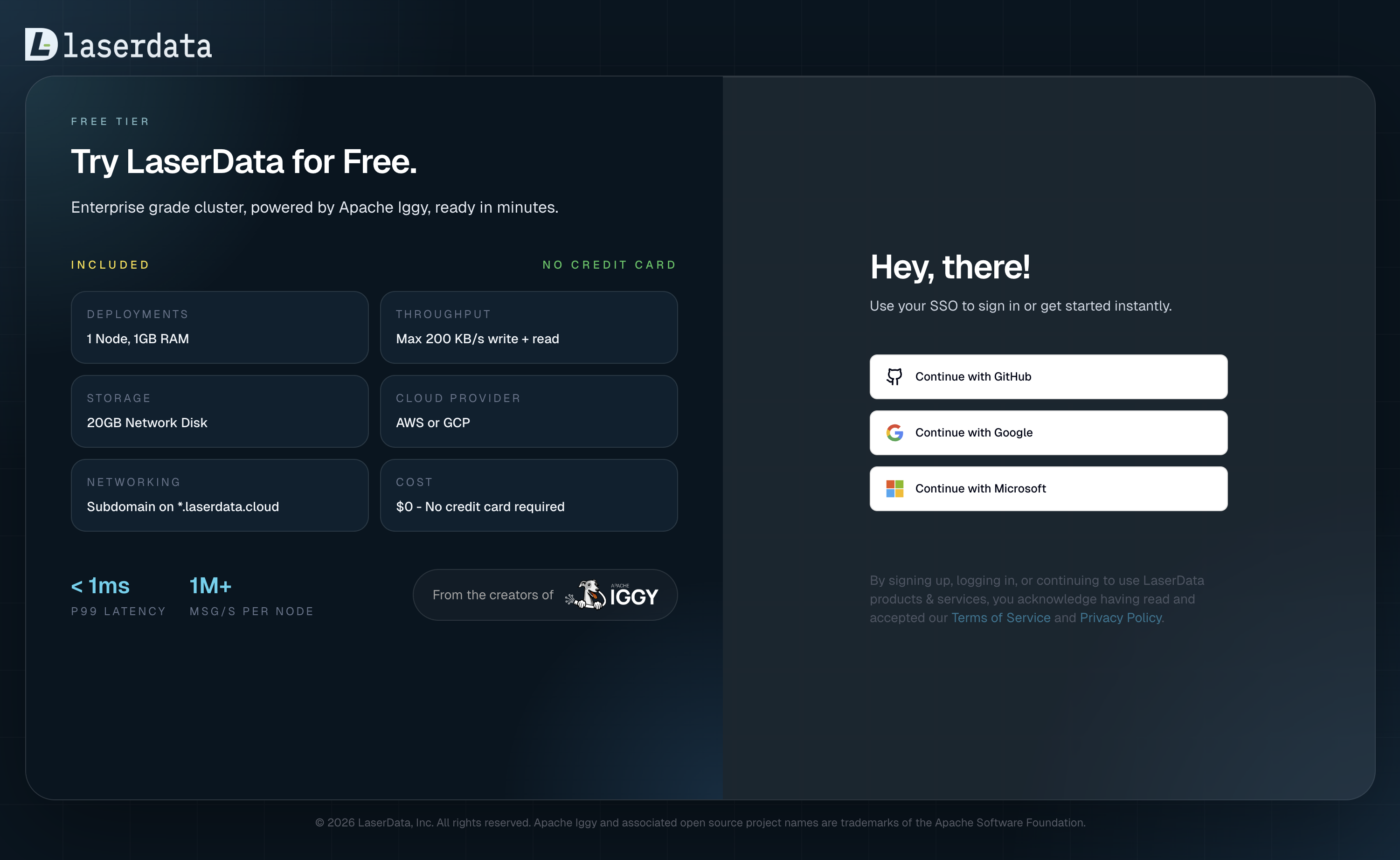 laserdata.cloud landing page: Try LaserData for Free, free-tier specs (1 node, 1GB RAM, 20GB Network Drive, AWS or GCP, no credit card), SSO sign-up via GitHub, Google, and Microsoft.