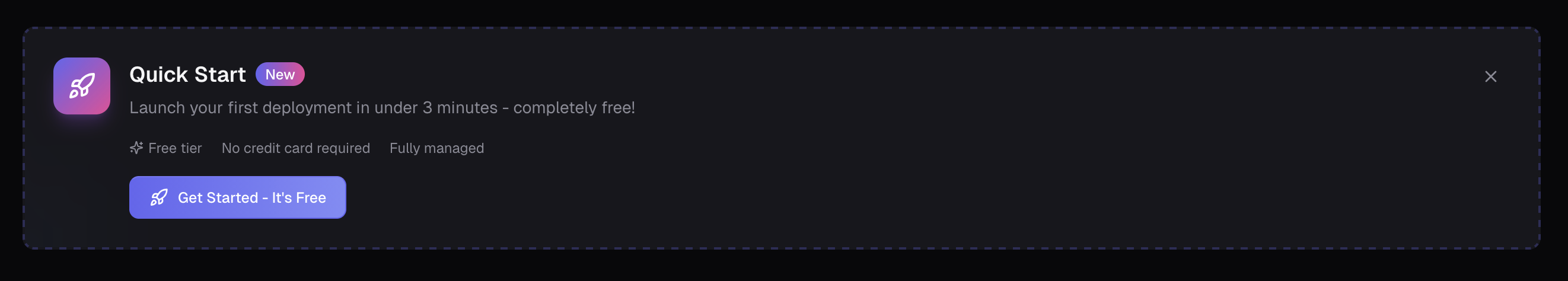 Quick Start card on the organization dashboard inside the LaserData Console: launch your first deployment in under three minutes, free tier, no credit card required, fully managed.