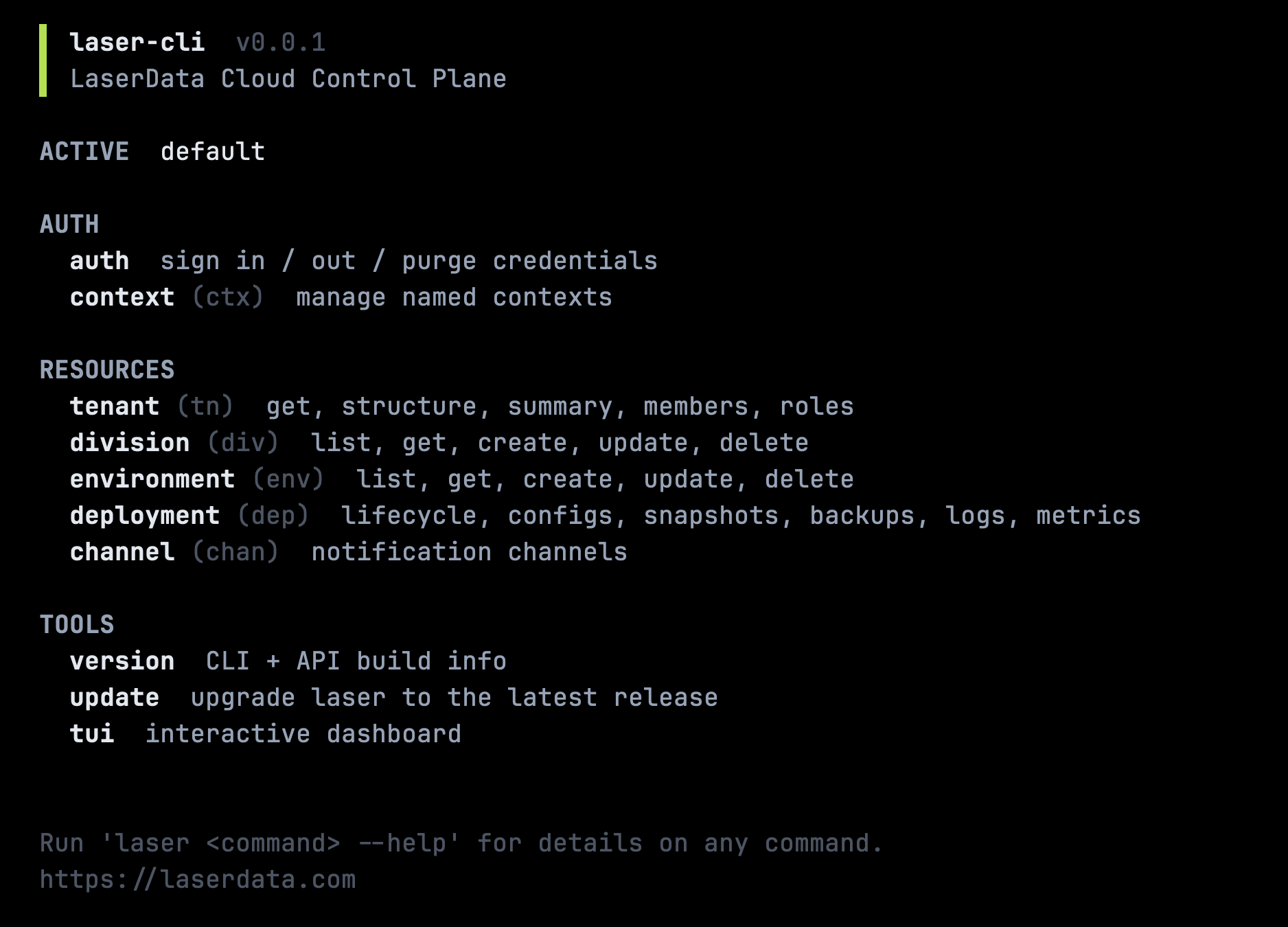 laser CLI help tree showing auth, resources, and tools commands